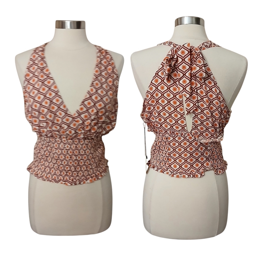 Milk & Honey | Deep V Neck Faux Halter Floral Printed Stretch Top Size Large